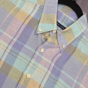 McKenzie Tribe Linen Shirt Mens Medium Pastel Plaid Short Sleeve Italy Excellent